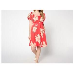 Anybody Size Petite Small Floral Coral Hibiscus Puff Sleeve Dress A648740 NWOT